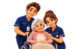 Infyworx aged care workers in scrubs with a smiling resident in a wheelchair