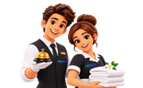 Infyworx hotel concierge with a service bell and housekeeper carrying fresh towels