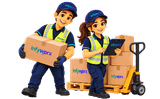 Infyworx warehouse staff in hi-vis vests carrying boxes and checking stock beside a pallet jack